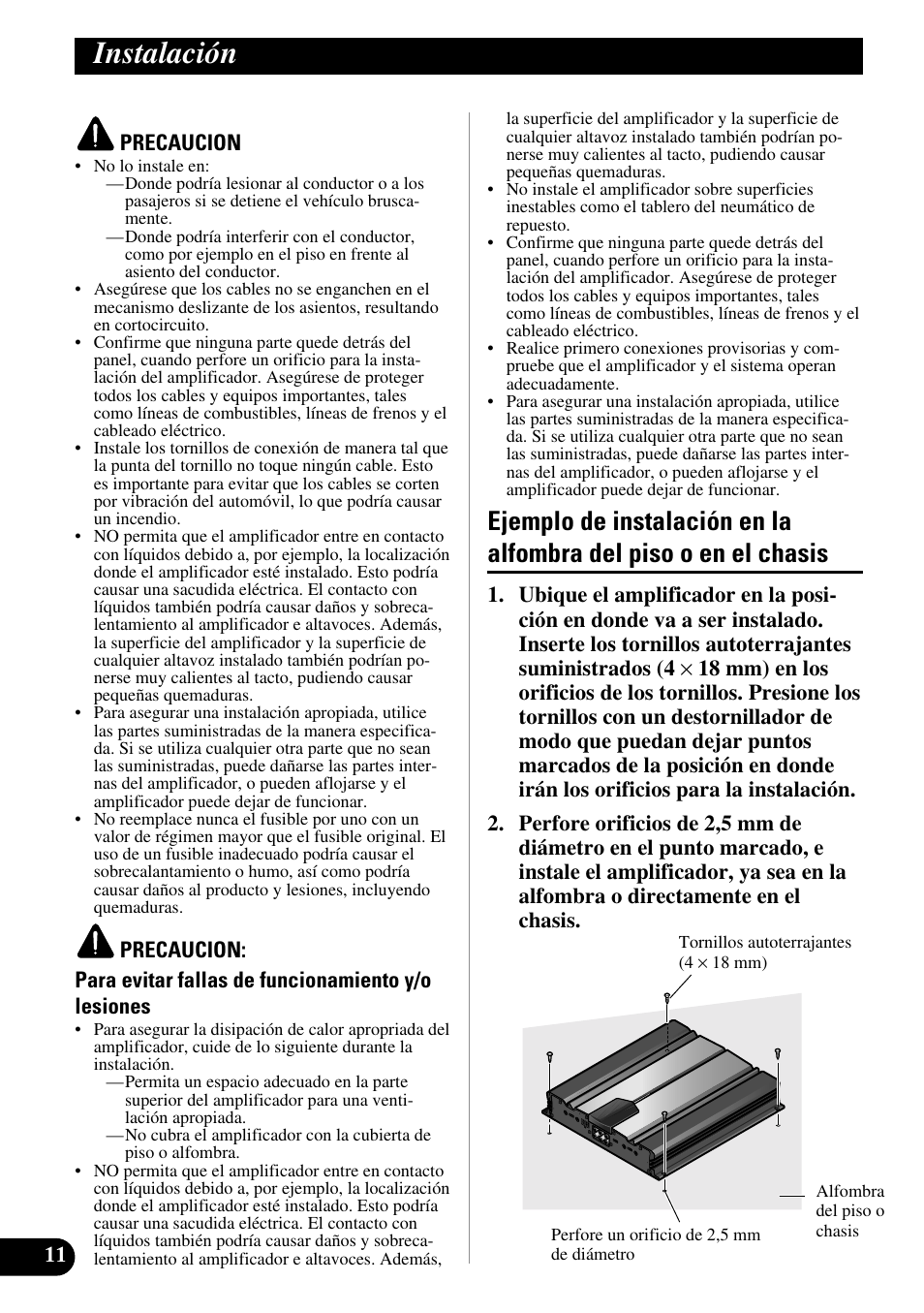 Instalación, Ejemplo de instalación en la alfombra del, Piso o en el chasis | Pioneer GM-6100F User Manual | Page 24 / 74