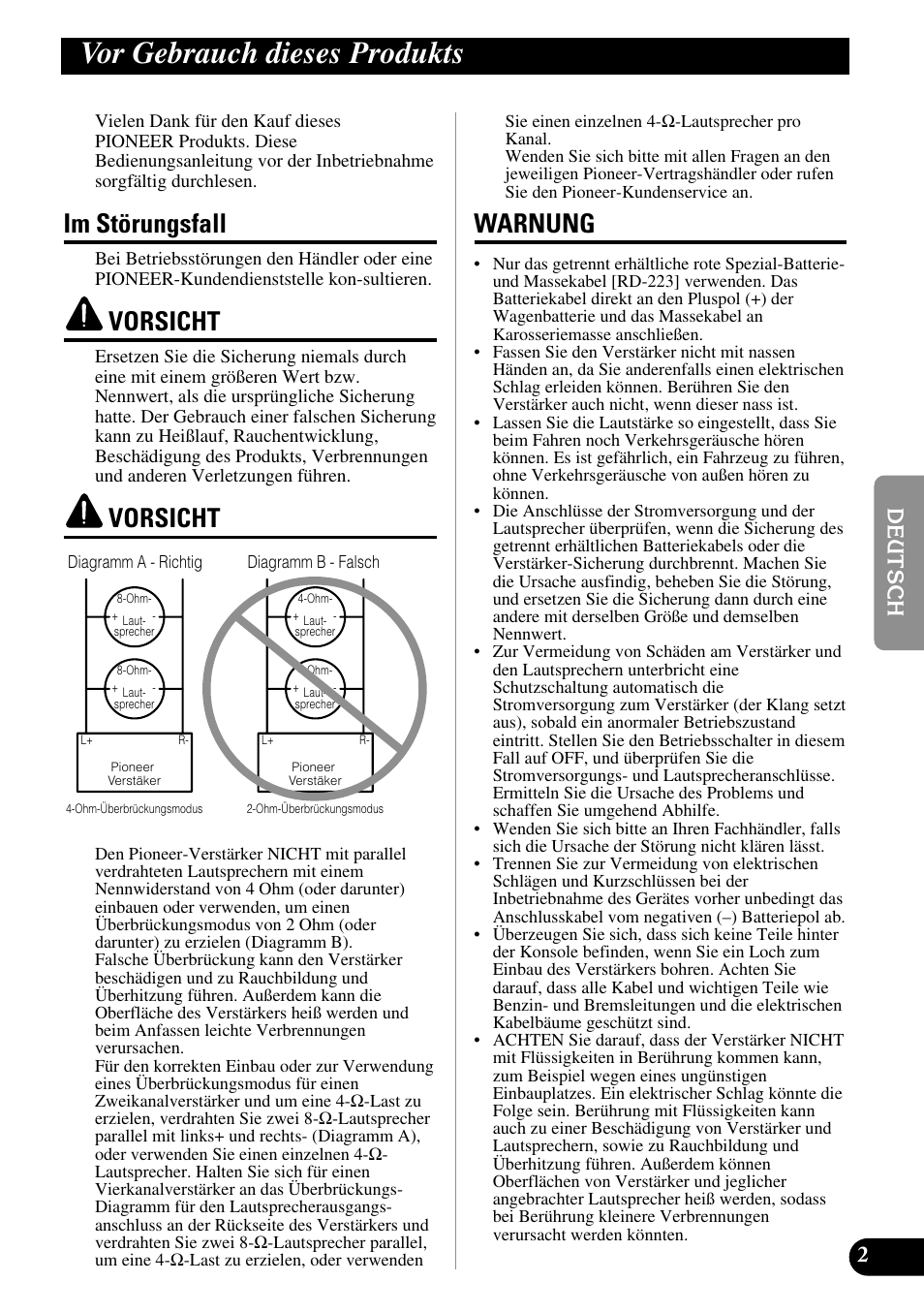 Vor gebrauch dieses produkts, Im störungsfall vorsicht vorsicht warnung, Im störungsfall | Vorsicht, Warnung | Pioneer GM-6100F User Manual | Page 27 / 74