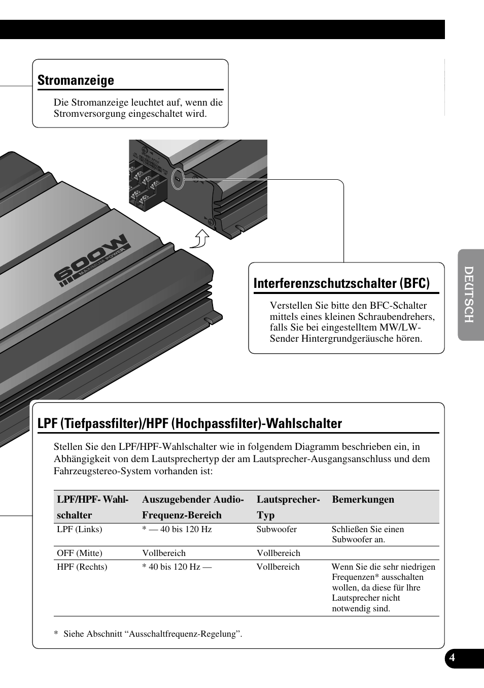 Wahlschalter, Stromanzeige, Interferenzschutzschalter (bfc) | Pioneer GM-6100F User Manual | Page 29 / 74