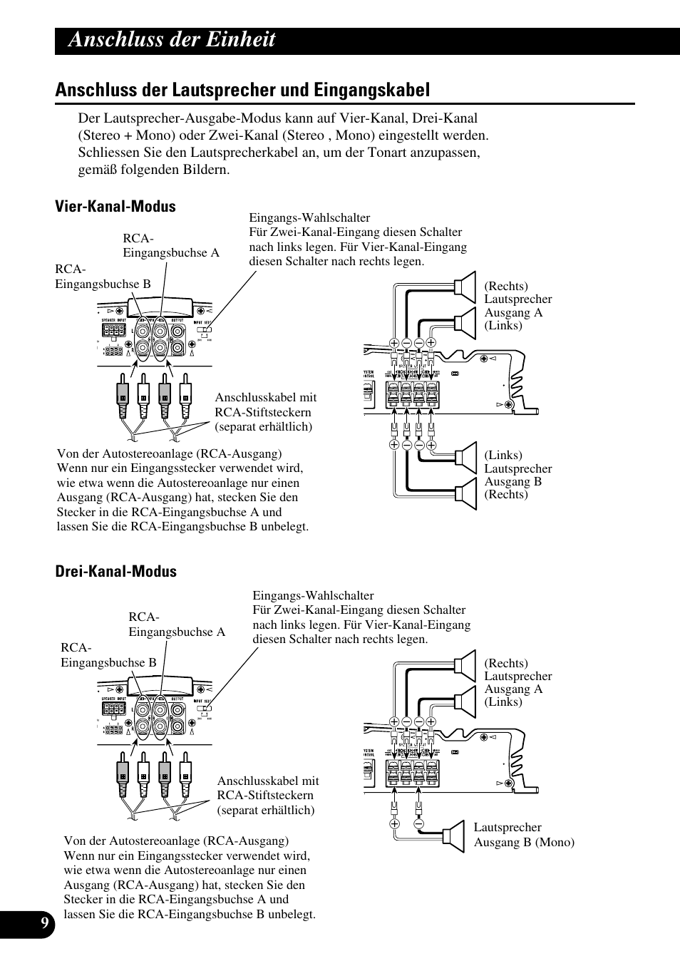 Anschluss der lautsprecher und, Eingangskabel, Anschluss der einheit | Anschluss der lautsprecher und eingangskabel, Vier-kanal-modus drei-kanal-modus | Pioneer GM-6100F User Manual | Page 34 / 74