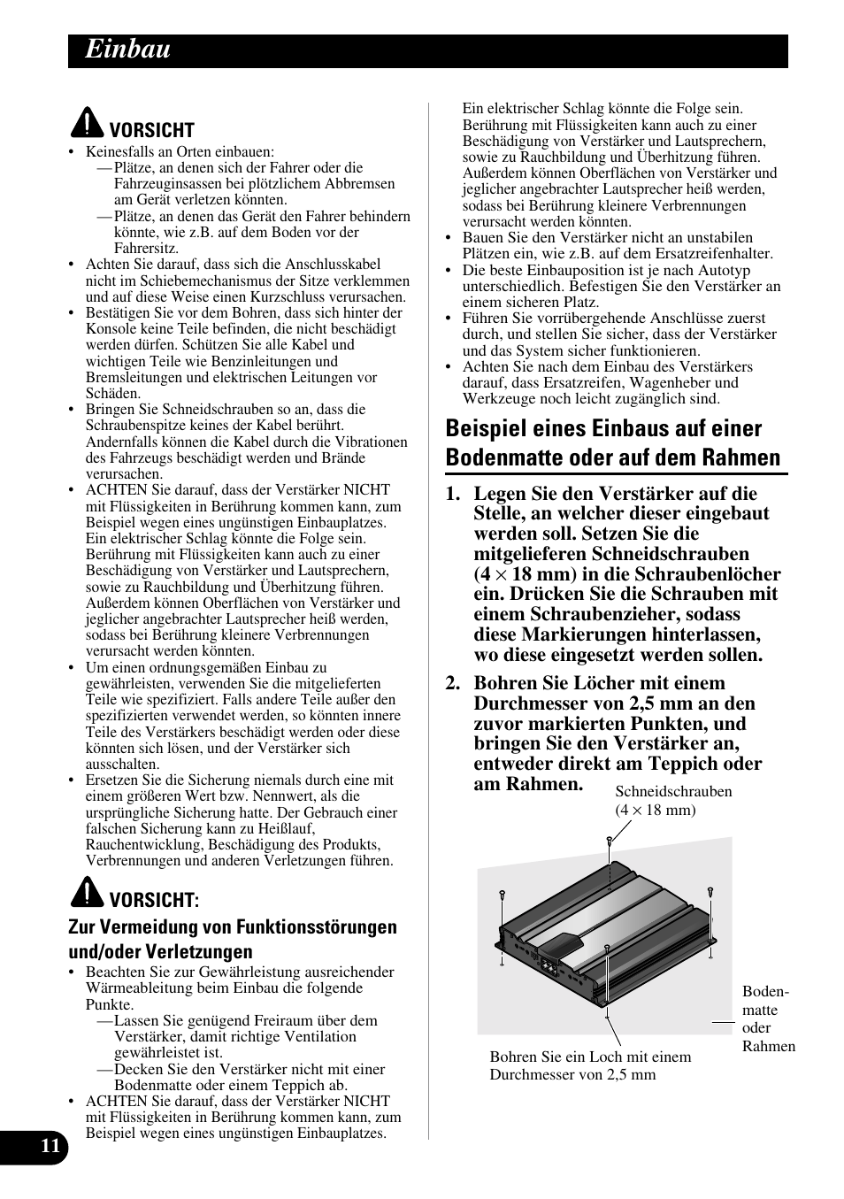 Einbau, Beispiel eines einbaus auf einer bodenmatte, Oder auf dem rahmen | Pioneer GM-6100F User Manual | Page 36 / 74