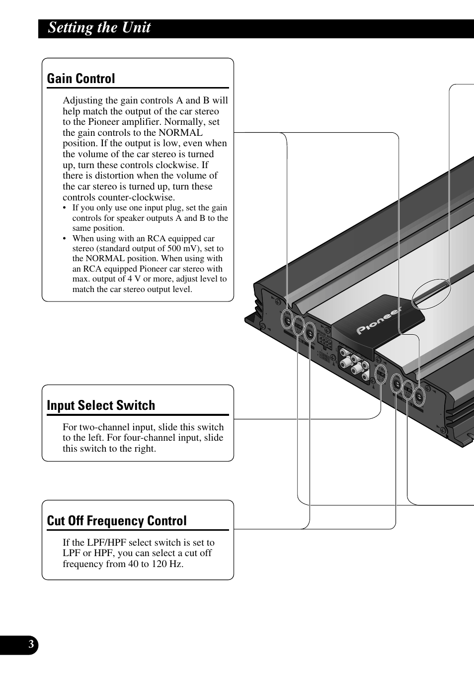 Setting the unit, Gain control, Cut off frequency control | Input select switch | Pioneer GM-6100F User Manual | Page 4 / 74