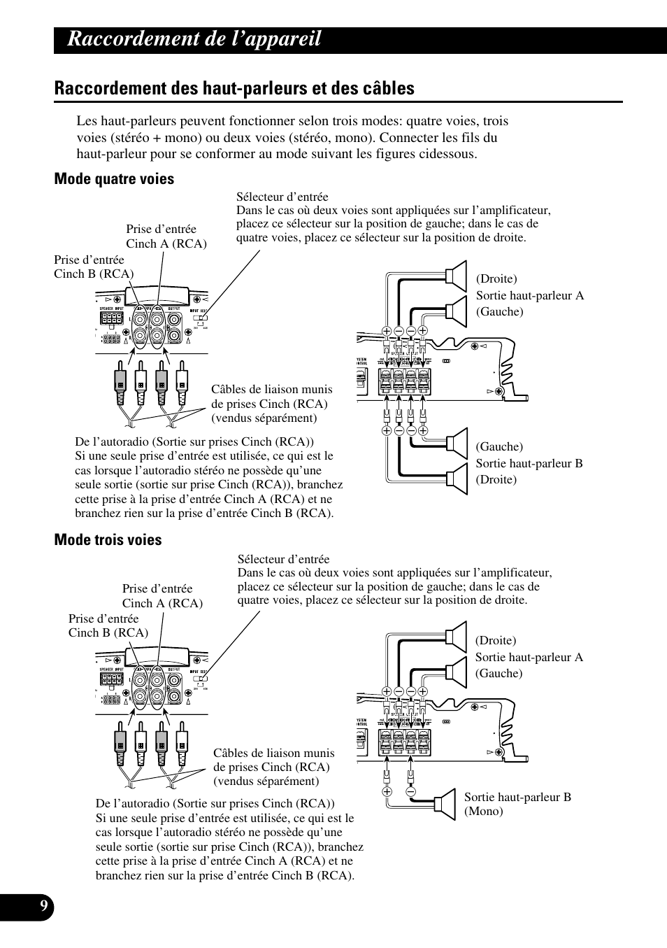 Raccordement des haut-parleurs et des, Câbles, Raccordement de l’appareil | Raccordement des haut-parleurs et des câbles, Mode quatre voies mode trois voies | Pioneer GM-6100F User Manual | Page 46 / 74