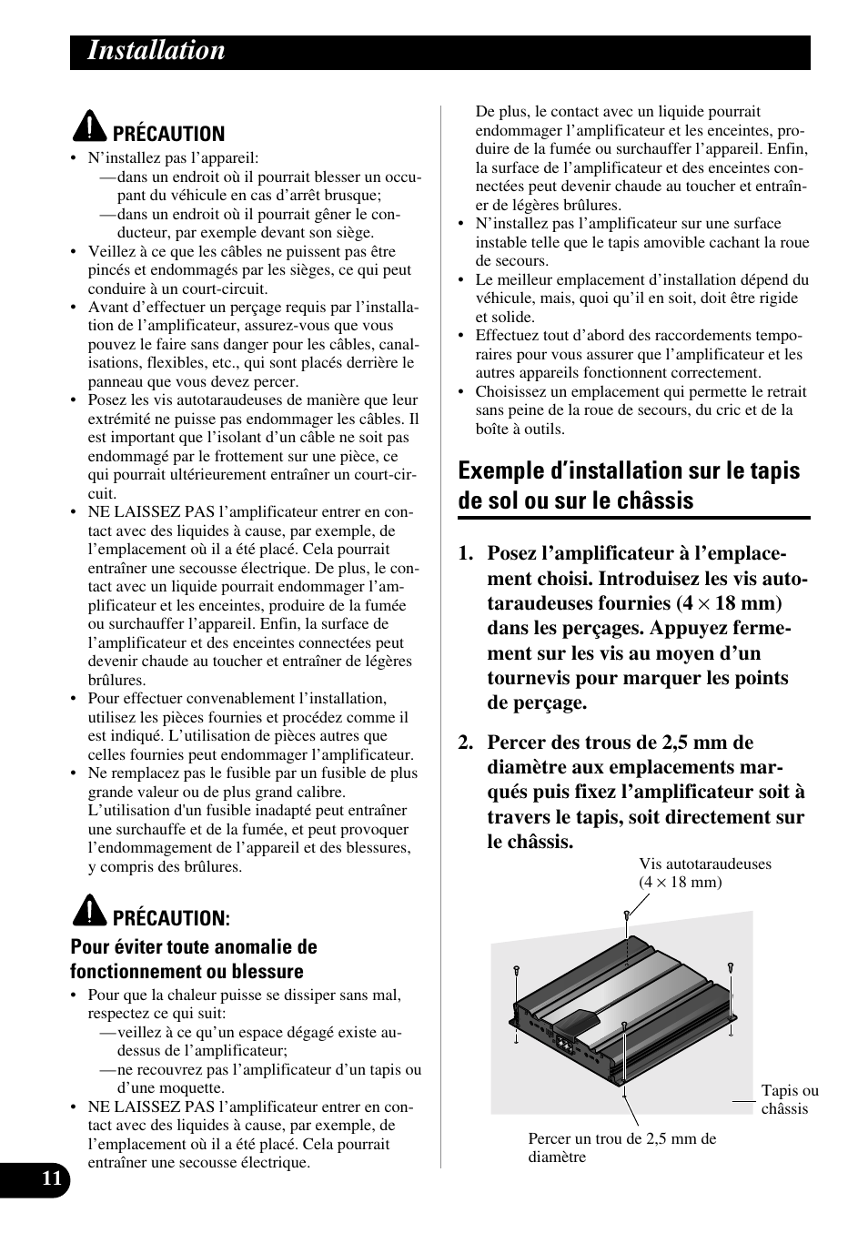 Installation, Exemple d’installation sur le tapis de sol ou, Sur le châssis | Pioneer GM-6100F User Manual | Page 48 / 74