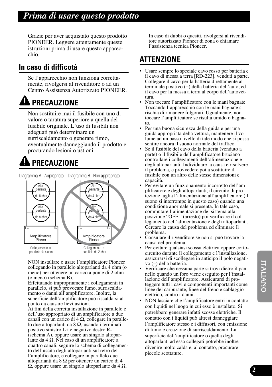 Prima di usare questo prodotto, Precauzione, Attenzione | Pioneer GM-6100F User Manual | Page 51 / 74