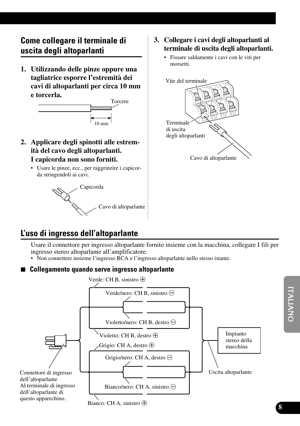 Come collegare il terminale di uscita, Degli altoparlanti, L’uso di ingresso dell’altoparlante | Pioneer GM-6100F User Manual | Page 57 / 74