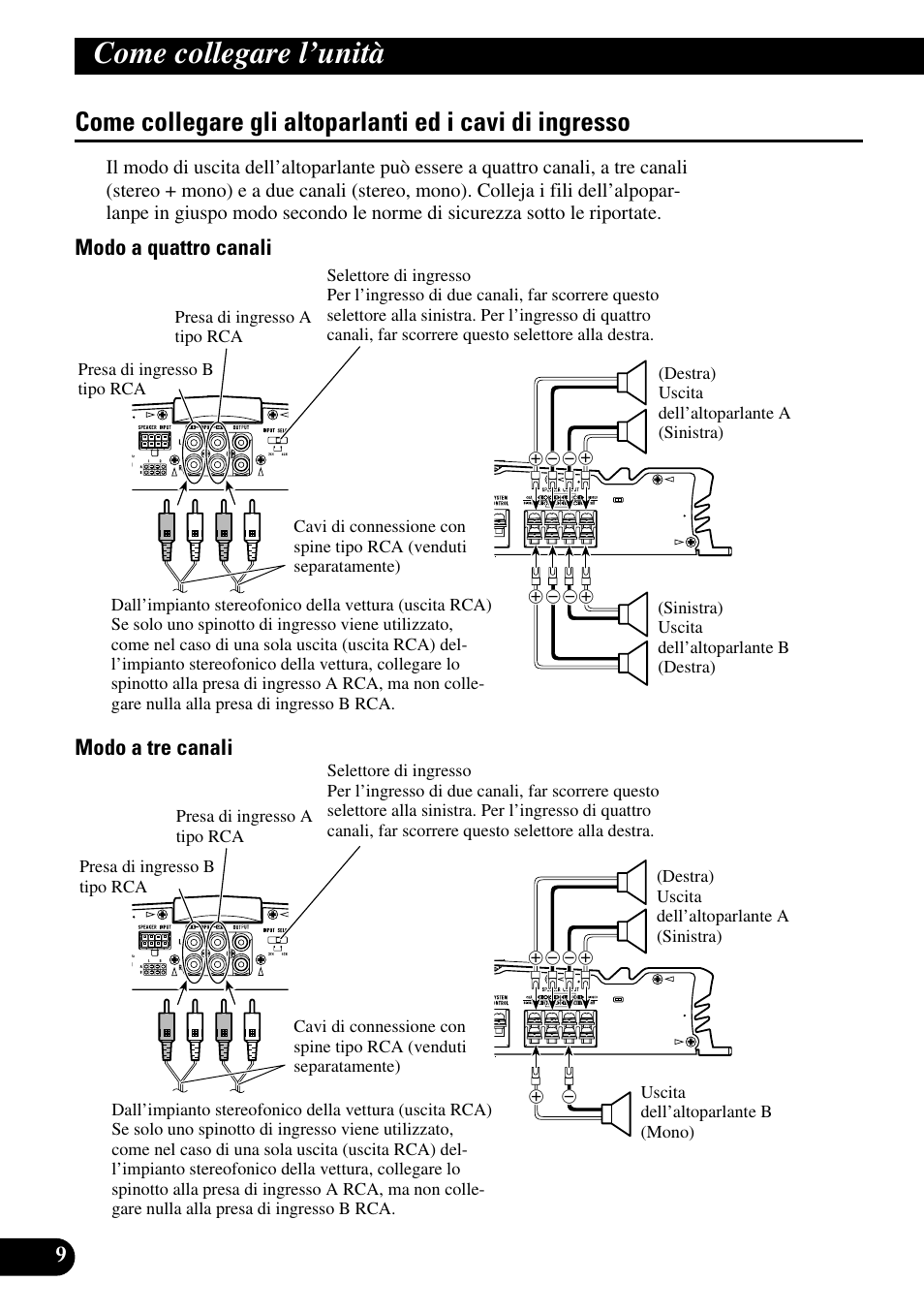Come collegare gli altoparlanti ed i cavi, Di ingresso, Come collegare l’unità | Modo a quattro canali modo a tre canali | Pioneer GM-6100F User Manual | Page 58 / 74