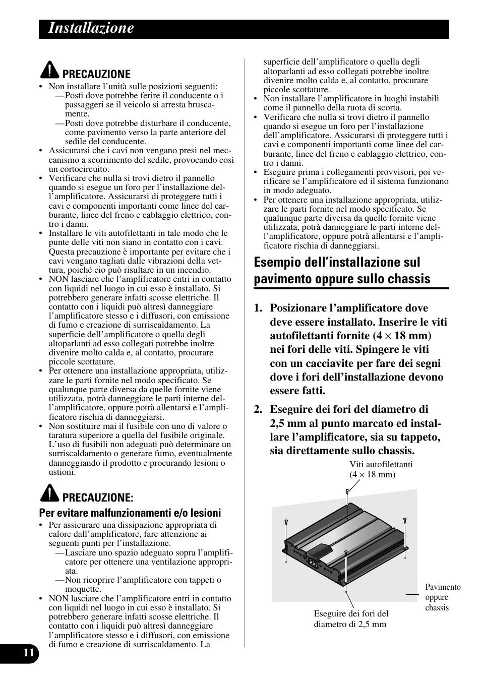 Installazione, Esempio dell’installazione sul pavimento, Oppure sullo chassis | Pioneer GM-6100F User Manual | Page 60 / 74