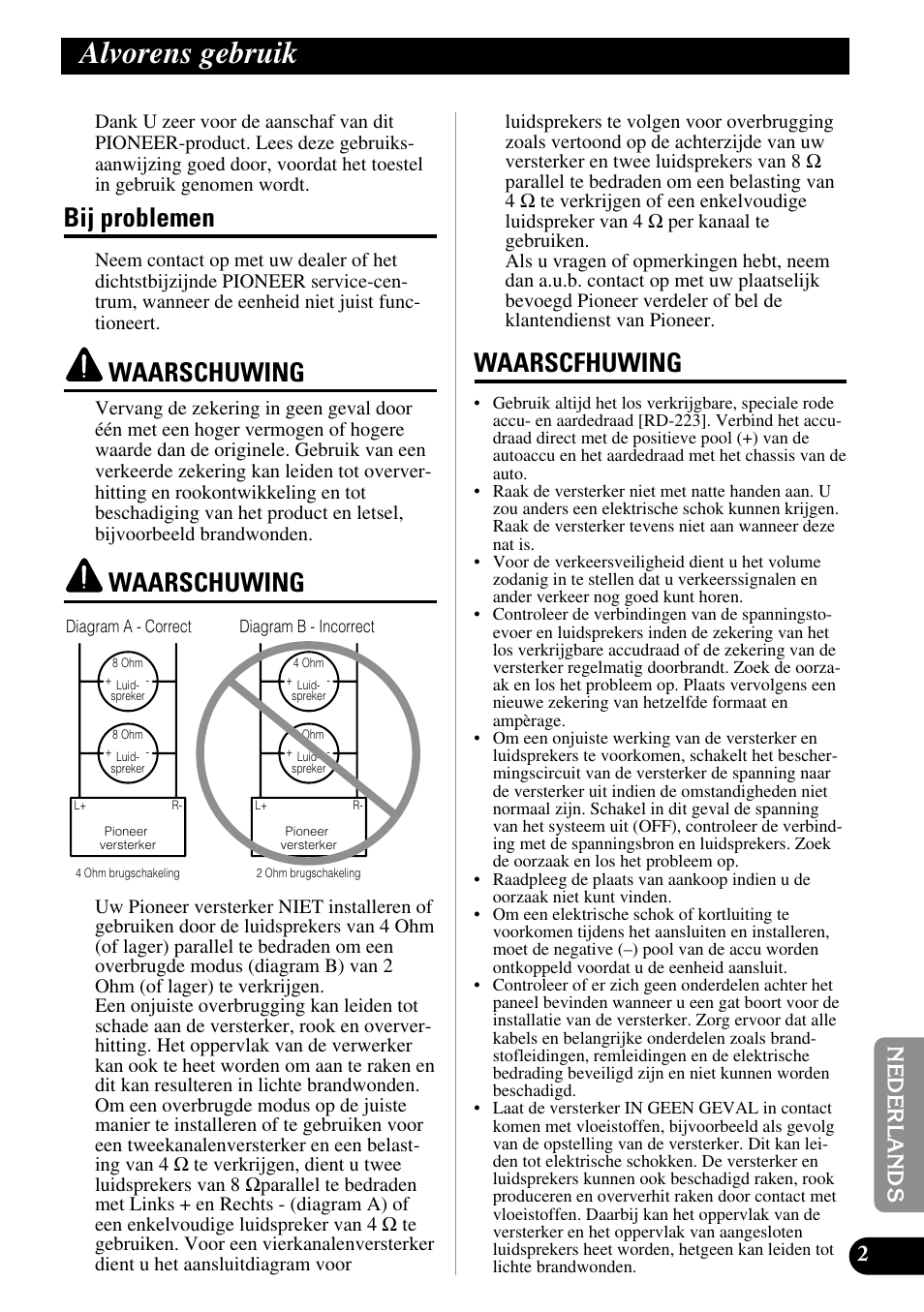 Alvorens gebruik, Bij problemen, Waarschuwing | Waarscfhuwing | Pioneer GM-6100F User Manual | Page 63 / 74