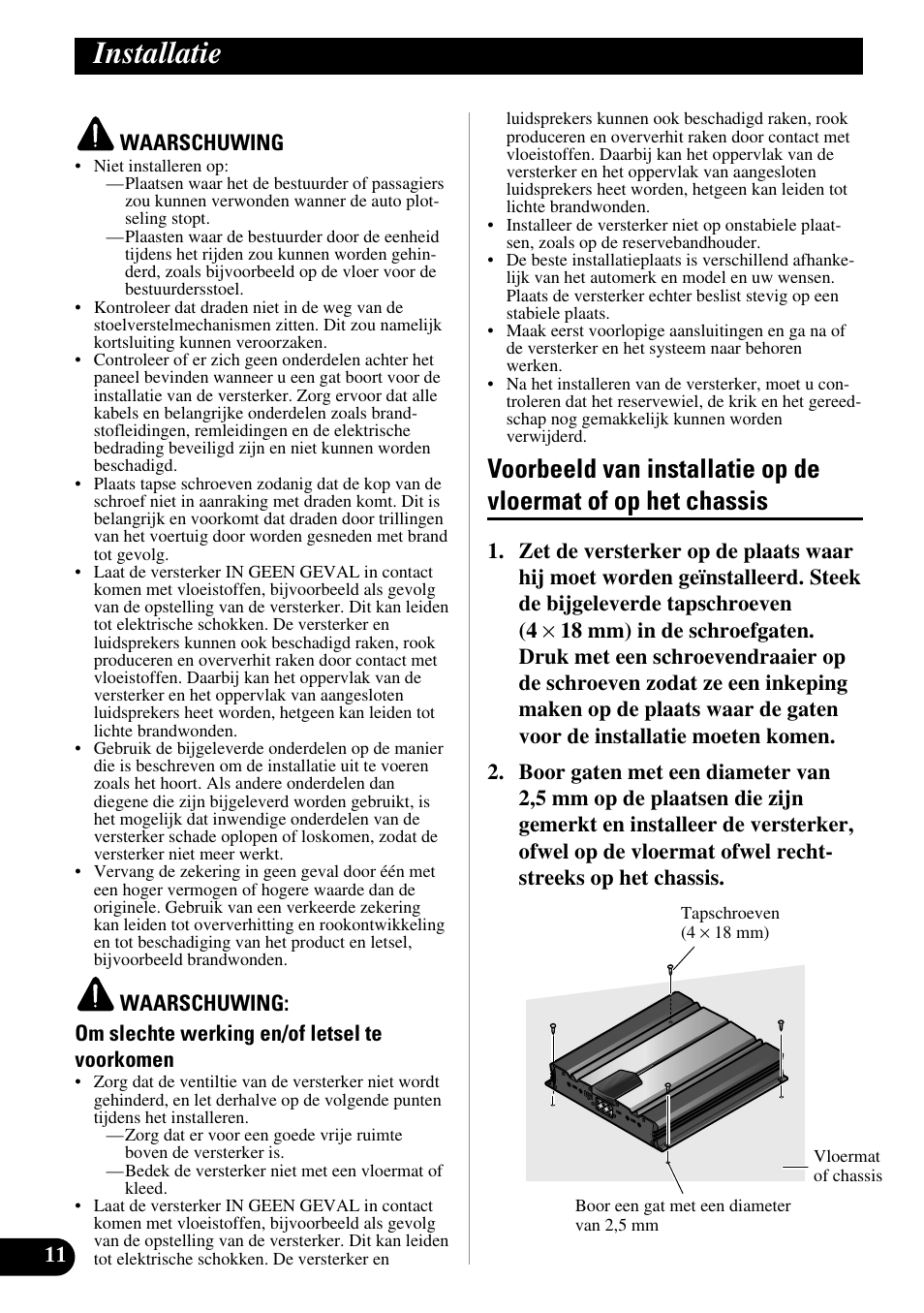 Installatie, Voorbeeld van installatie op de vloermat of, Op het chassis | Pioneer GM-6100F User Manual | Page 72 / 74