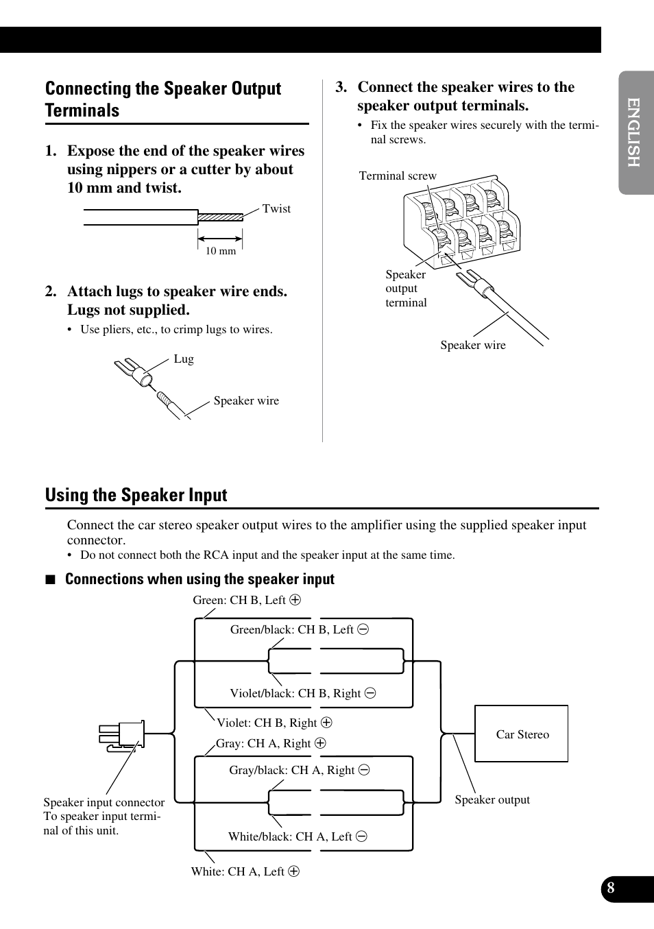 Connecting the speaker output terminals, Using the speaker input | Pioneer GM-6100F User Manual | Page 9 / 74