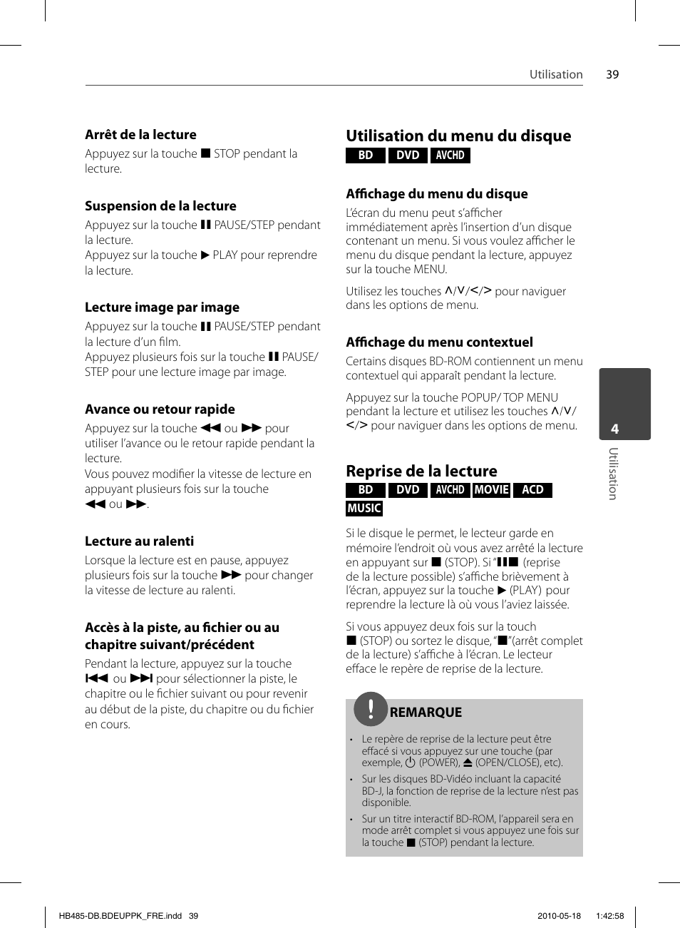 Utilisation du menu du disque, Reprise de la lecture | Pioneer BCS-FS505 User Manual | Page 109 / 424