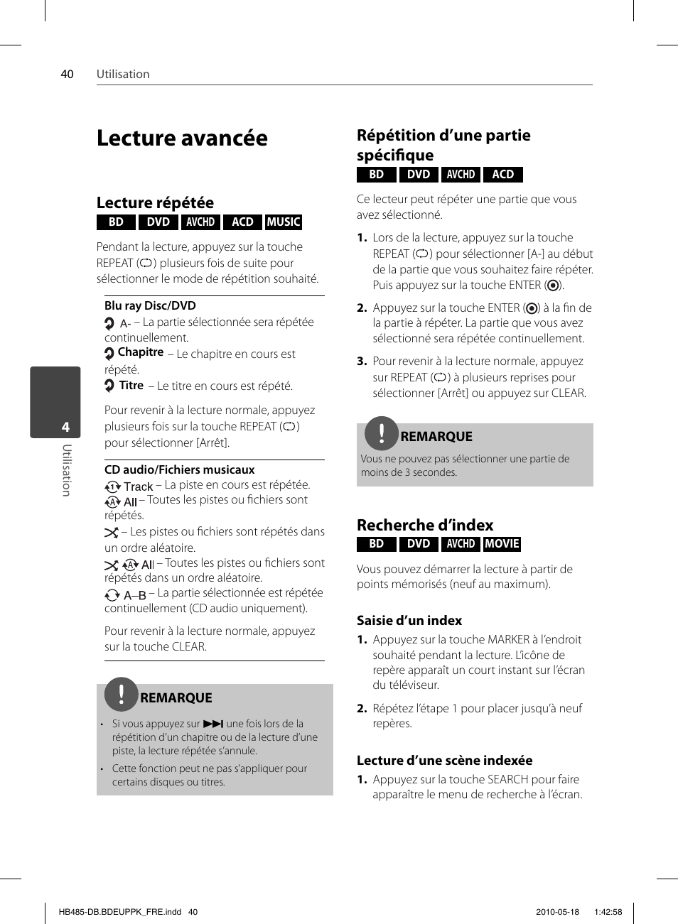 Lecture avancée, Lecture répétée, Répétition d’une partie spécifi que | Recherche d’index | Pioneer BCS-FS505 User Manual | Page 110 / 424