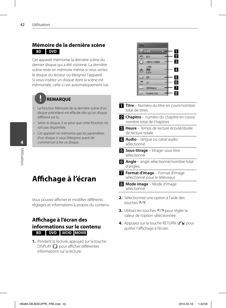 Affi chage à l’écran, Mémoire de la dernière scène | Pioneer BCS-FS505 User Manual | Page 112 / 424