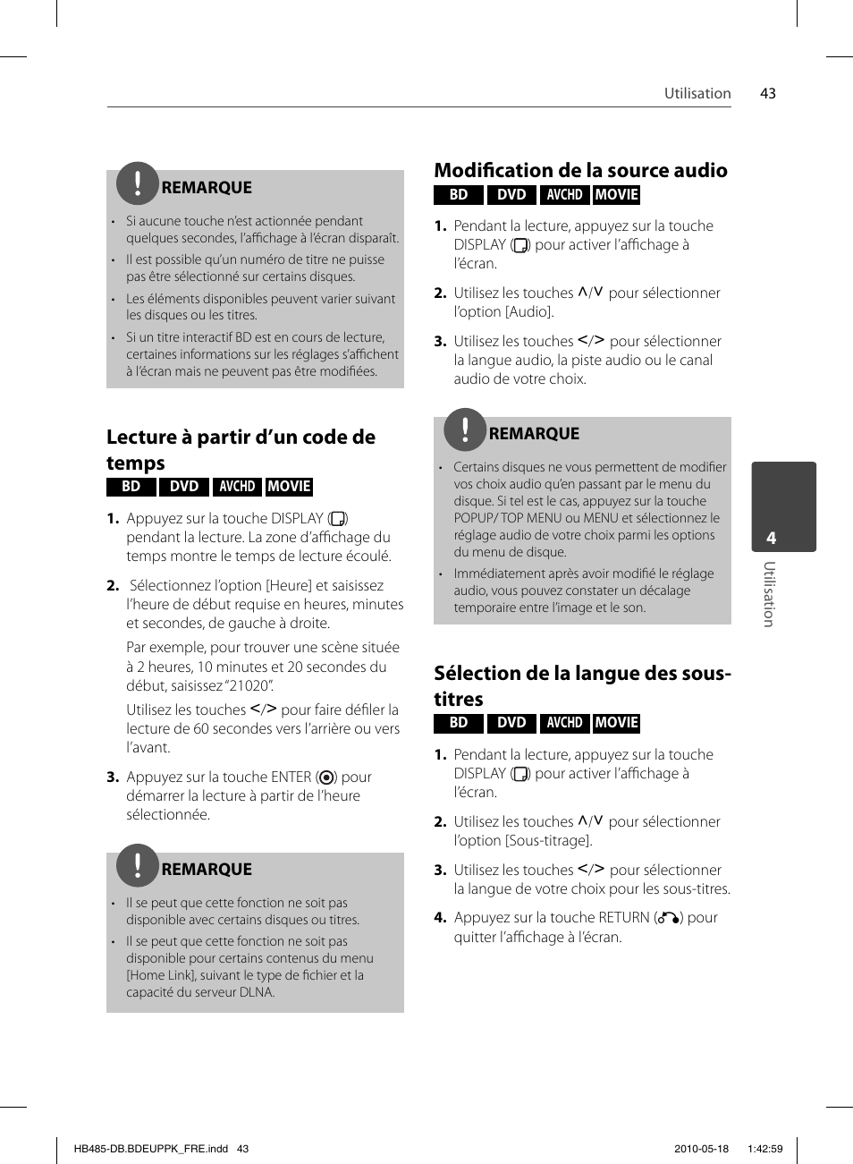 Lecture à partir d’un code de temps, Modifi cation de la source audio, Sélection de la langue des sous- titres | Pioneer BCS-FS505 User Manual | Page 113 / 424