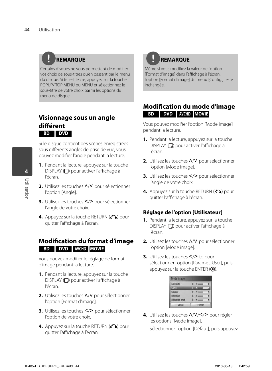 Visionnage sous un angle diff érent, Modifi cation du format d’image, Modifi cation du mode d’image | Pioneer BCS-FS505 User Manual | Page 114 / 424