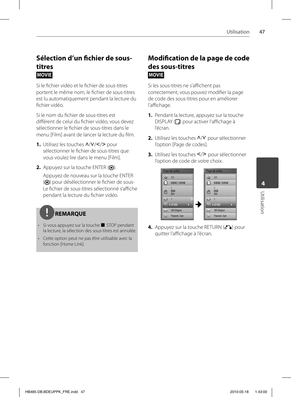 Sélection d’un fi chier de sous- titres, Modifi cation de la page de code des sous-titres | Pioneer BCS-FS505 User Manual | Page 117 / 424