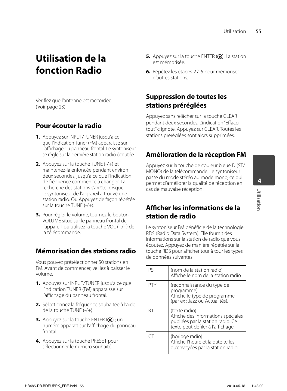 Utilisation de la fonction radio, Pour écouter la radio, Mémorisation des stations radio | Suppression de toutes les stations préréglées, Amélioration de la réception fm, Affi cher les informations de la station de radio | Pioneer BCS-FS505 User Manual | Page 125 / 424