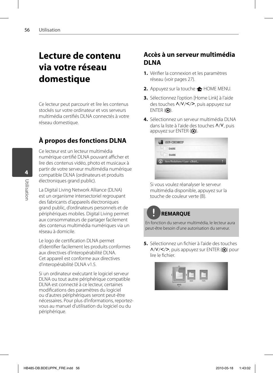 Lecture de contenu via votre réseau domestique, À propos des fonctions dlna, Accès à un serveur multimédia dlna | Pioneer BCS-FS505 User Manual | Page 126 / 424