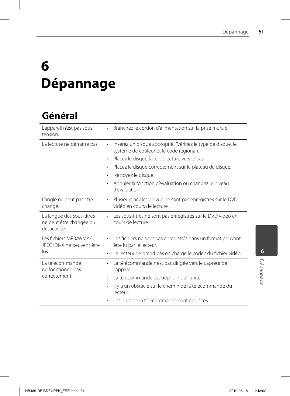 6dépannage, Général | Pioneer BCS-FS505 User Manual | Page 131 / 424