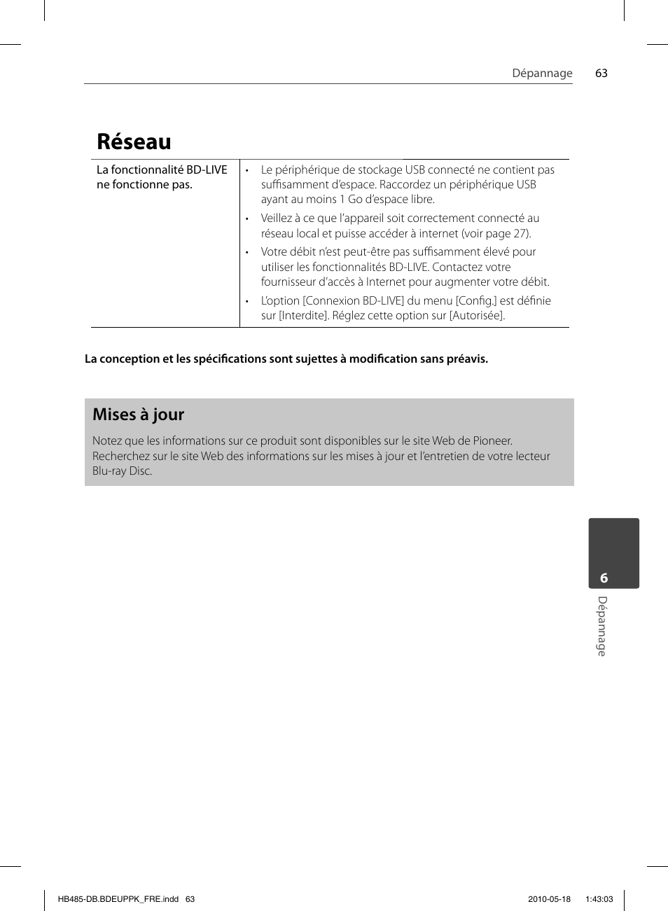 Réseau, Mises à jour | Pioneer BCS-FS505 User Manual | Page 133 / 424