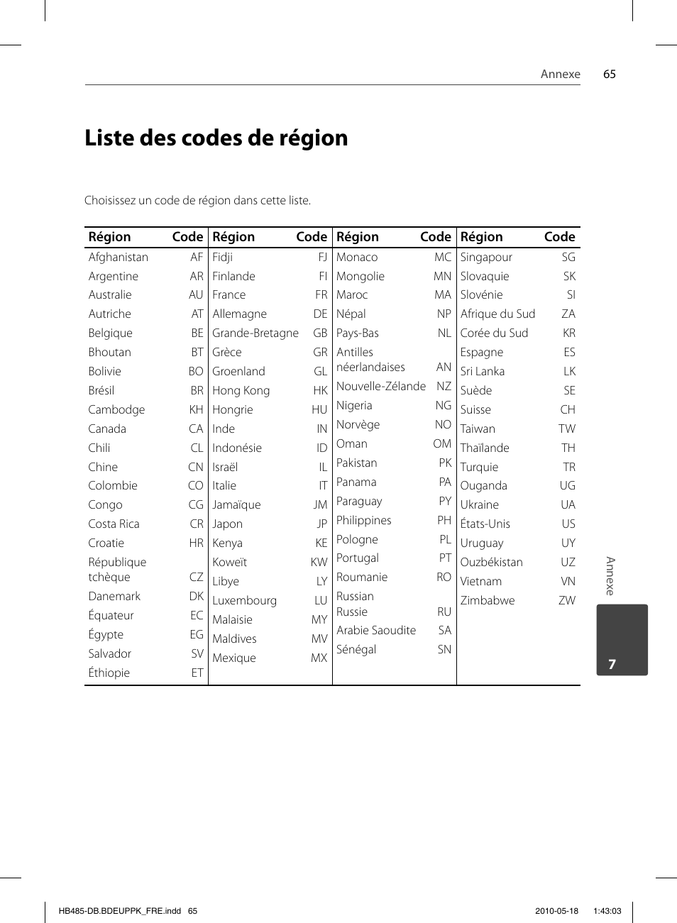 Liste des codes de région | Pioneer BCS-FS505 User Manual | Page 135 / 424