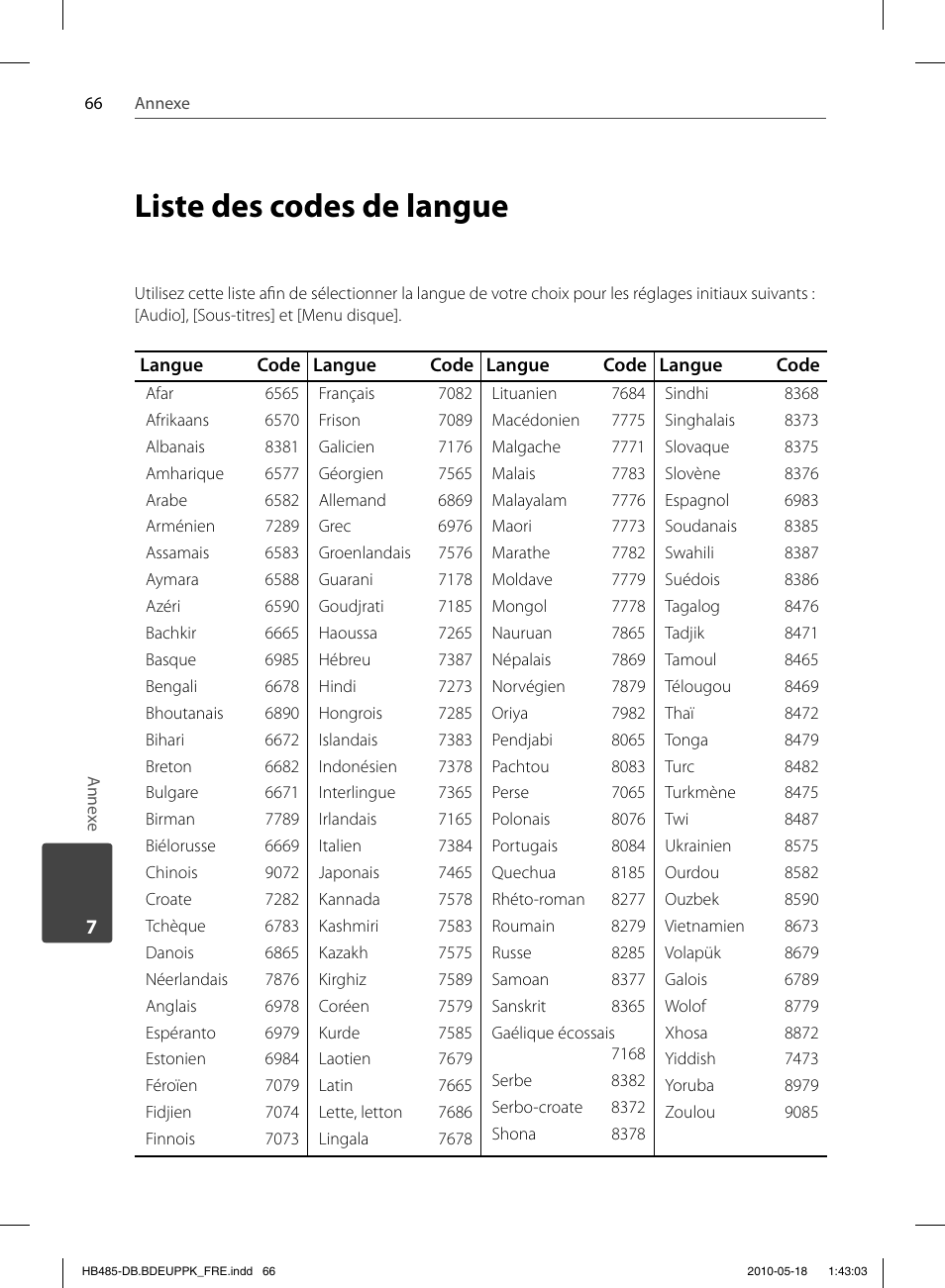 Liste des codes de langue | Pioneer BCS-FS505 User Manual | Page 136 / 424