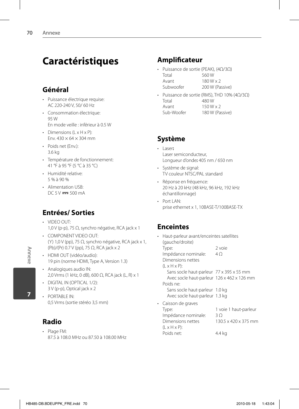 Caractéristiques, Général, Entrées/ sorties | Radio, Amplifi cateur, Système, Enceintes | Pioneer BCS-FS505 User Manual | Page 140 / 424