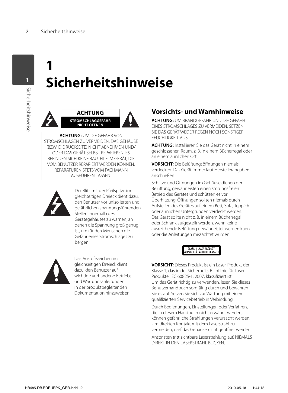1sicherheitshinweise, Vorsichts- und warnhinweise | Pioneer BCS-FS505 User Manual | Page 142 / 424