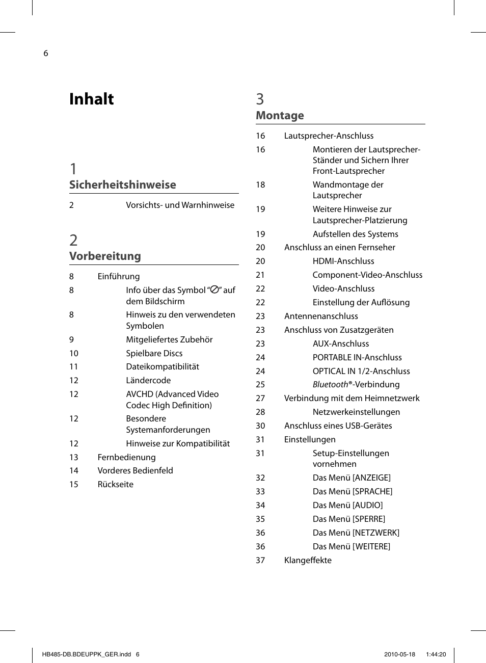 Inhalt 1, Sicherheitshinweise, Vorbereitung | Montage | Pioneer BCS-FS505 User Manual | Page 146 / 424