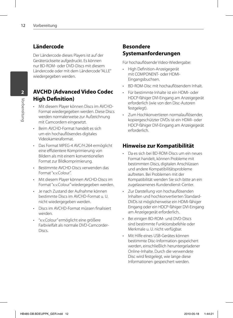 Ländercode, Avchd (advanced video codec high defi nition), Besondere systemanforderungen | Hinweise zur kompatibilität | Pioneer BCS-FS505 User Manual | Page 152 / 424