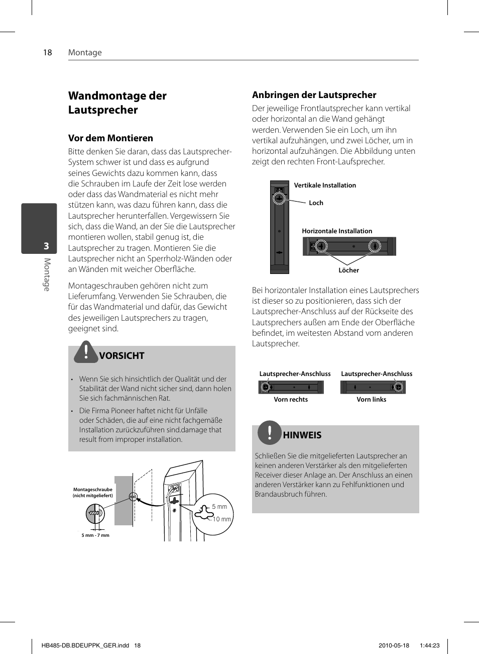 Wandmontage der lautsprecher, Vor dem montieren, Vorsicht | Anbringen der lautsprecher, Hinweis, 18 montage m ontage | Pioneer BCS-FS505 User Manual | Page 158 / 424