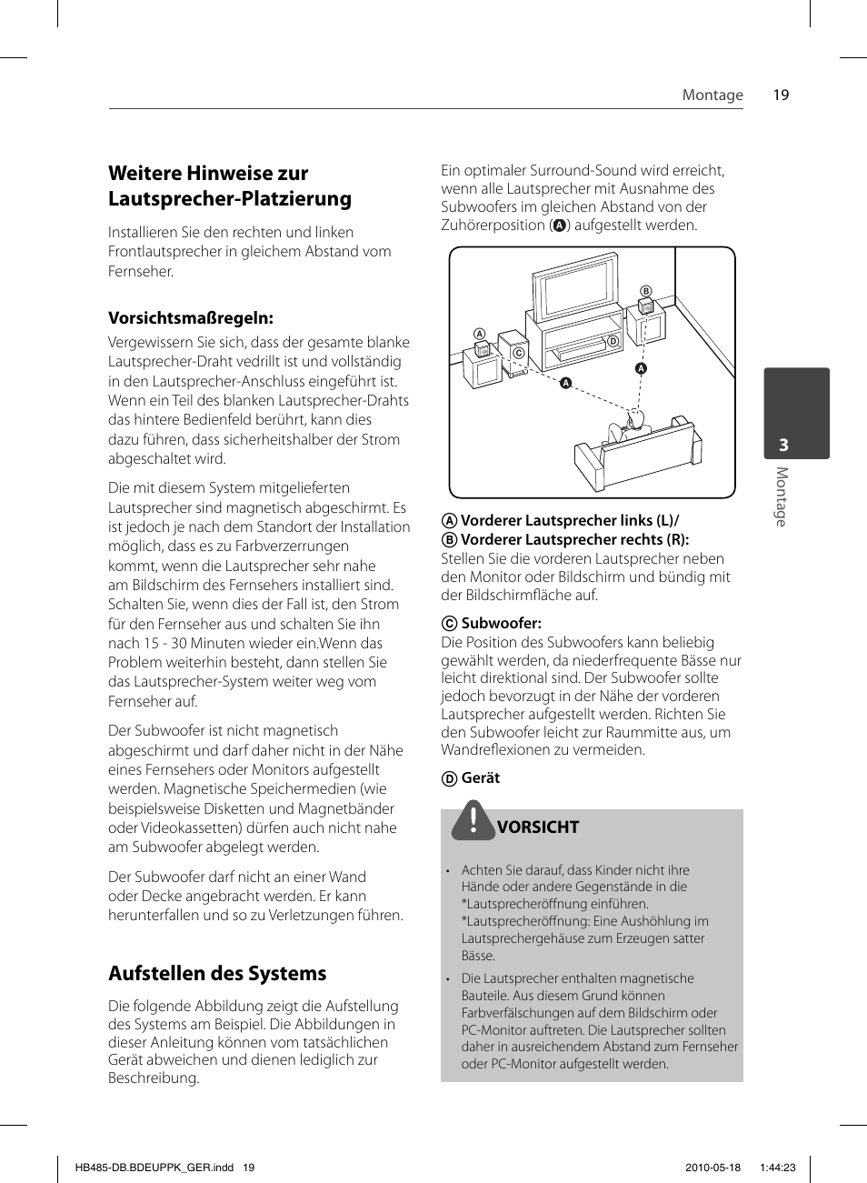 Weitere hinweise zur lautsprecher-platzierung, Aufstellen des systems | Pioneer BCS-FS505 User Manual | Page 159 / 424