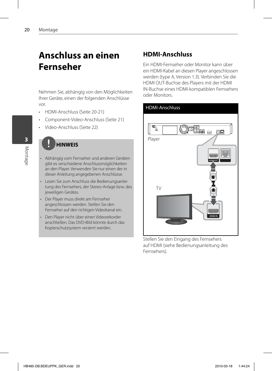 Anschluss an einen fernseher, Hdmi-anschluss | Pioneer BCS-FS505 User Manual | Page 160 / 424