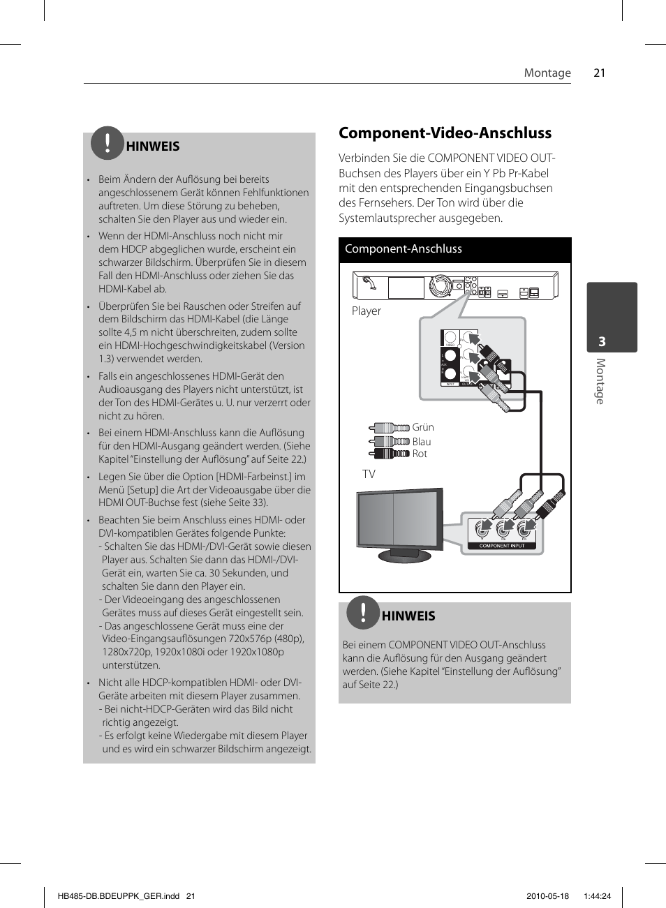 Component-video-anschluss, Hinweis, 21 montage | Montage, Player | Pioneer BCS-FS505 User Manual | Page 161 / 424