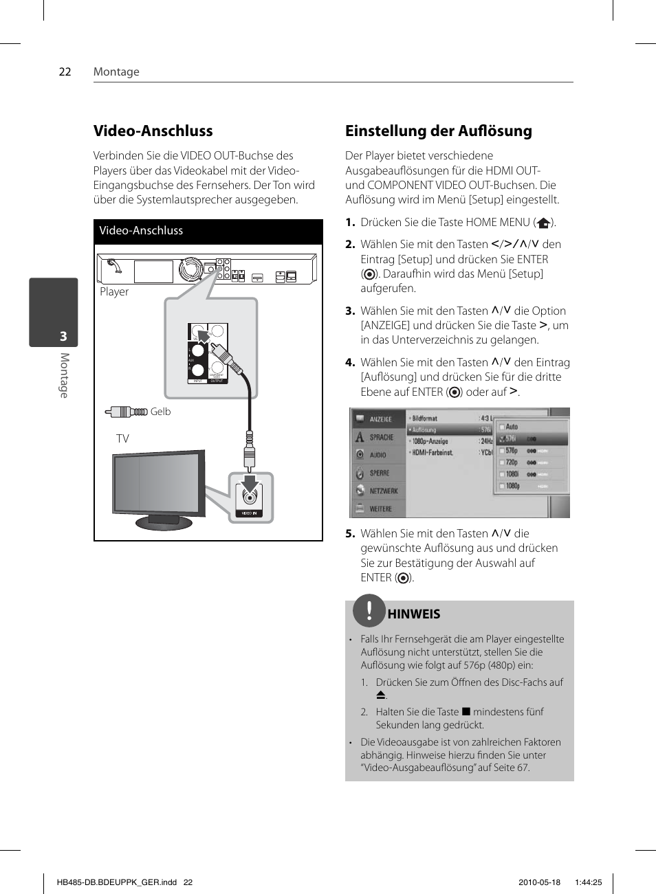 Video-anschluss, Einstellung der aufl ösung, Hinweis | Pioneer BCS-FS505 User Manual | Page 162 / 424