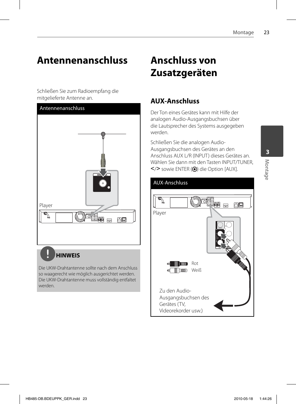 Antennenanschluss, Anschluss von zusatzgeräten, Aux-anschluss | Hinweis | Pioneer BCS-FS505 User Manual | Page 163 / 424