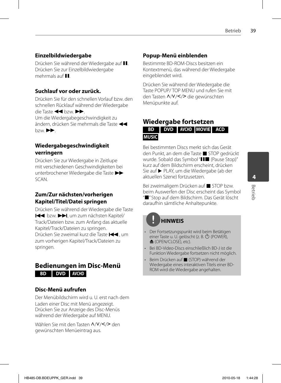 Bedienungen im disc-menü, Wiedergabe fortsetzen | Pioneer BCS-FS505 User Manual | Page 179 / 424