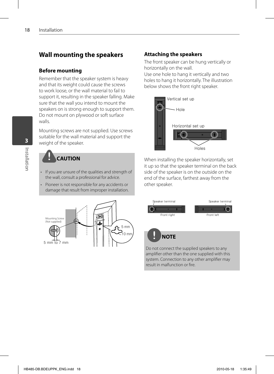 Wall mounting the speakers, Before mounting, Caution | Attaching the speakers, 18 installation installation | Pioneer BCS-FS505 User Manual | Page 18 / 424