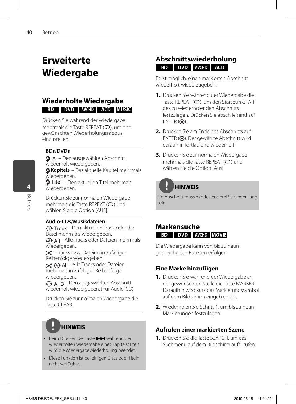 Erweiterte wiedergabe, Wiederholte wiedergabe, Abschnittswiederholung | Markensuche | Pioneer BCS-FS505 User Manual | Page 180 / 424