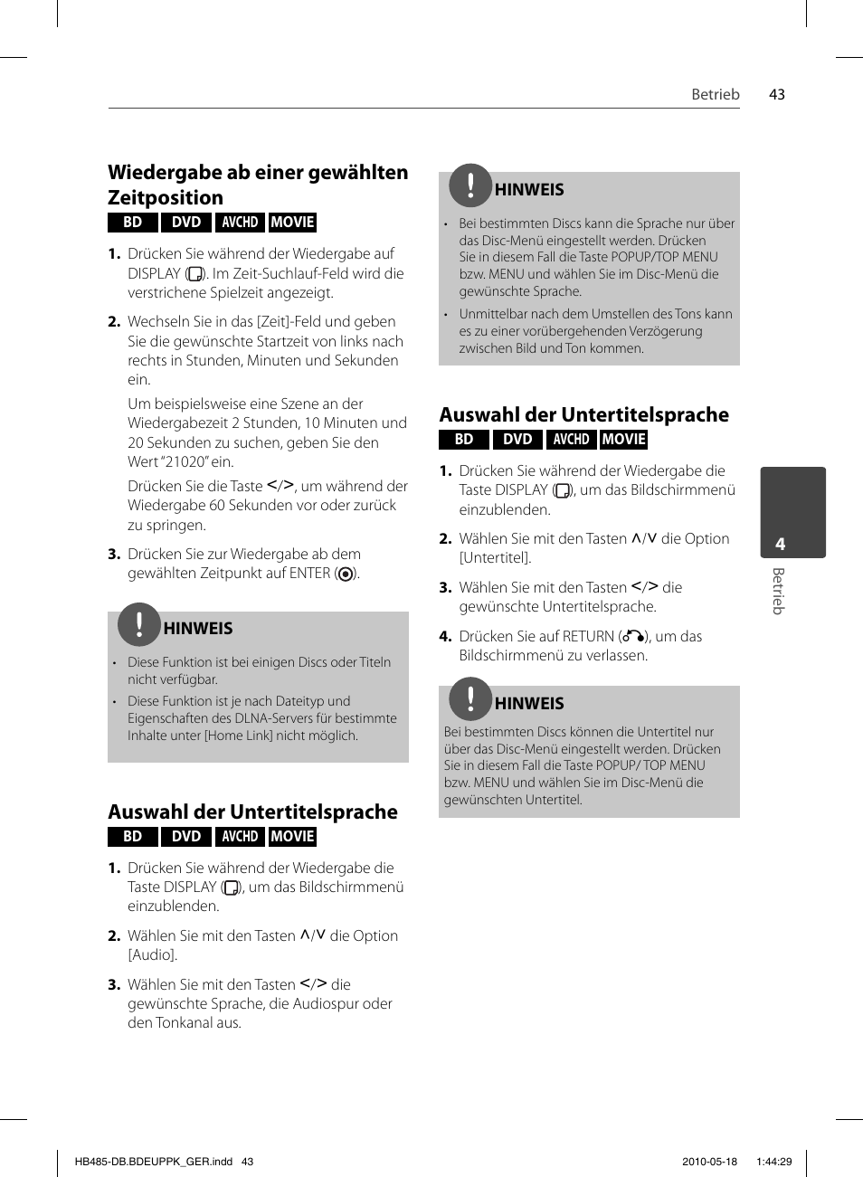 Wiedergabe ab einer gewählten zeitposition, Auswahl der untertitelsprache | Pioneer BCS-FS505 User Manual | Page 183 / 424