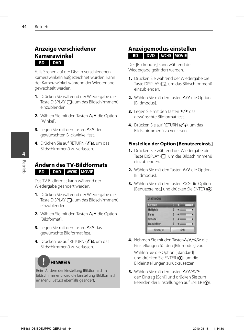 Anzeige verschiedener kamerawinkel, Ändern des tv-bildformats, Anzeigemodus einstellen | Pioneer BCS-FS505 User Manual | Page 184 / 424