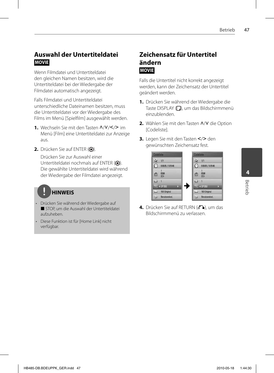 Auswahl der untertiteldatei, Zeichensatz für untertitel ändern | Pioneer BCS-FS505 User Manual | Page 187 / 424