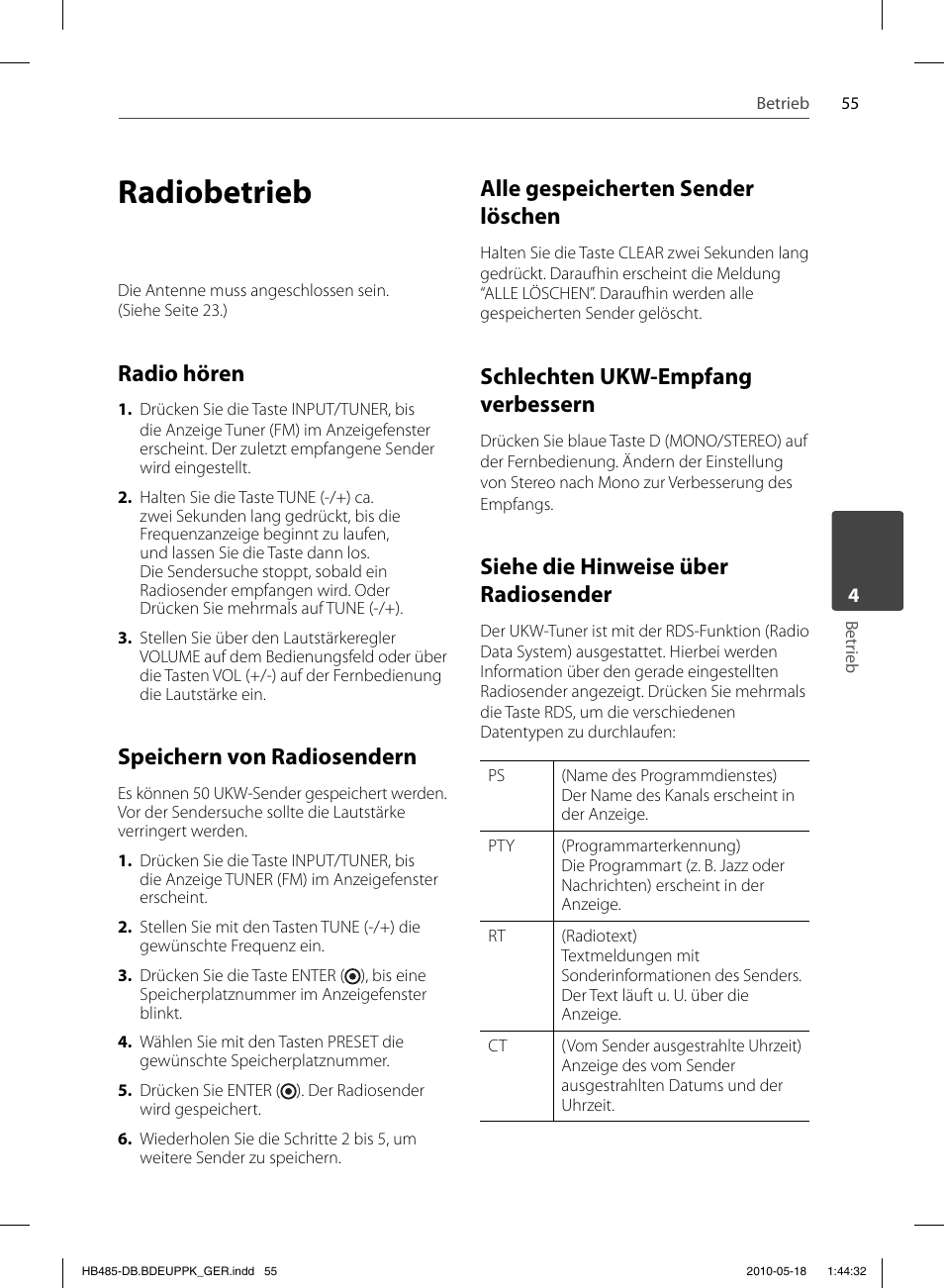 Radiobetrieb, Radio hören, Speichern von radiosendern | Alle gespeicherten sender löschen, Schlechten ukw-empfang verbessern, Siehe die hinweise über radiosender | Pioneer BCS-FS505 User Manual | Page 195 / 424