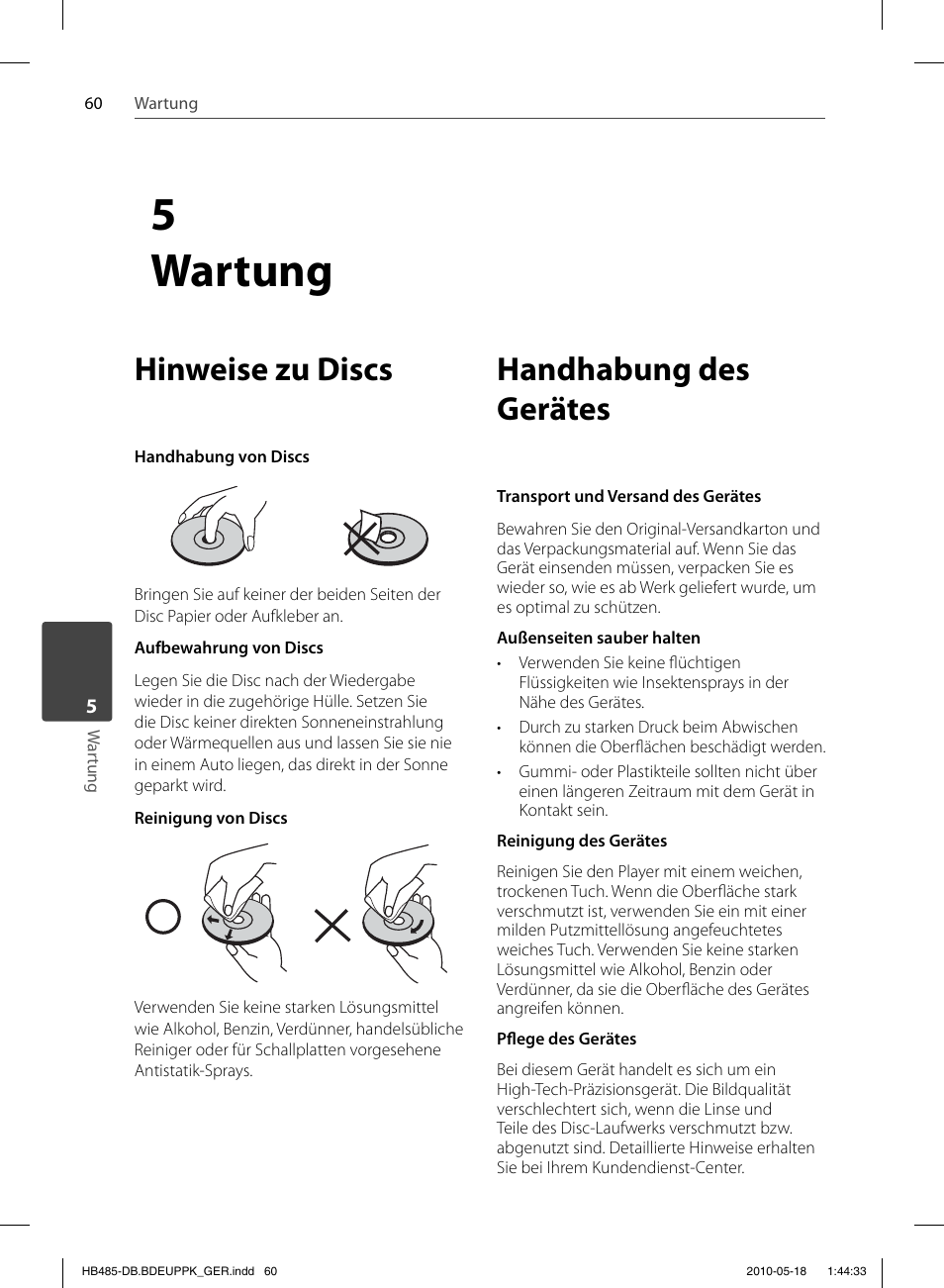 5wartung, Hinweise zu discs, Handhabung des gerätes | Pioneer BCS-FS505 User Manual | Page 200 / 424