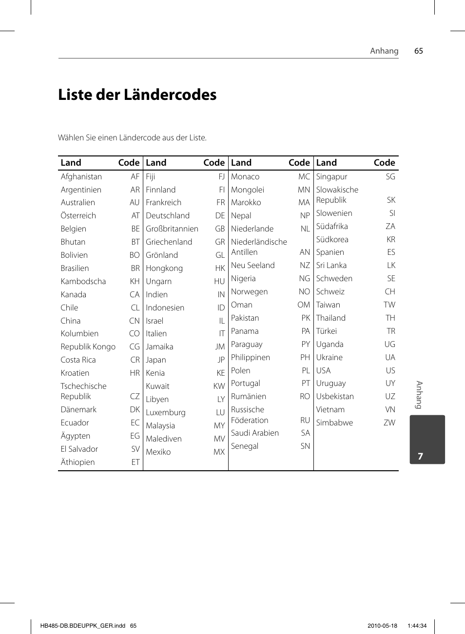 Liste der ländercodes | Pioneer BCS-FS505 User Manual | Page 205 / 424