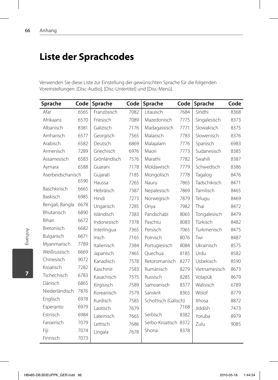 Liste der sprachcodes | Pioneer BCS-FS505 User Manual | Page 206 / 424