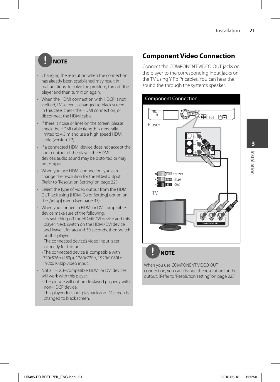 Component video connection, 21 installation, Installation | Player | Pioneer BCS-FS505 User Manual | Page 21 / 424