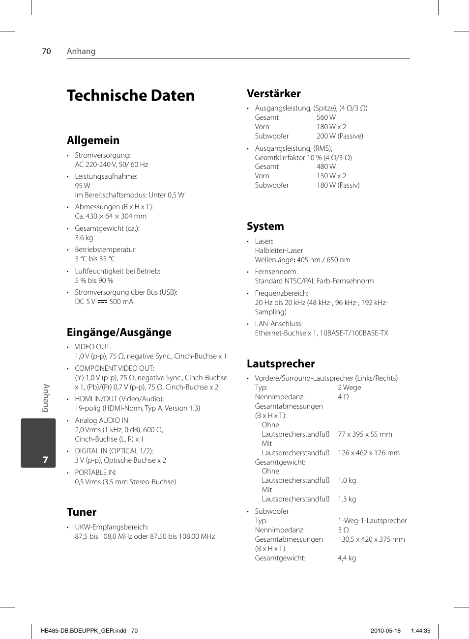 Technische daten, Allgemein, Eingänge/ausgänge | Tuner, Verstärker, System, Lautsprecher | Pioneer BCS-FS505 User Manual | Page 210 / 424