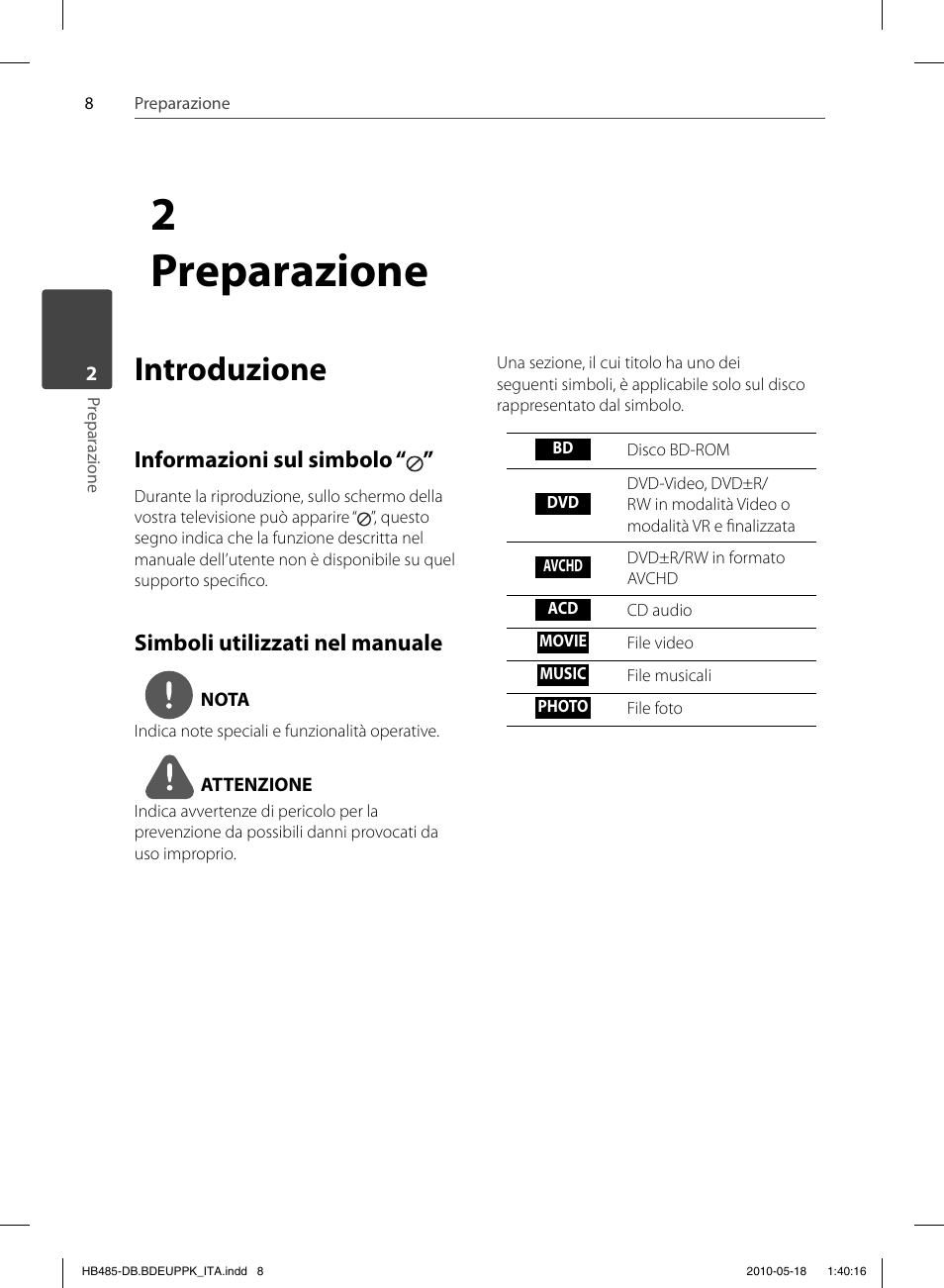 2preparazione, Introduzione, Informazioni sul simbolo | Simboli utilizzati nel manuale | Pioneer BCS-FS505 User Manual | Page 218 / 424